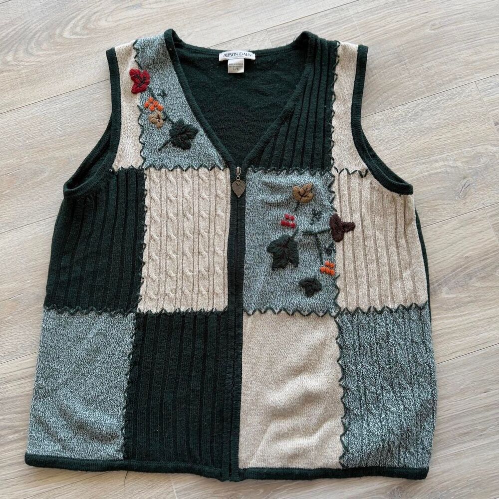 Allison Daley Women's Large Green & Cream Patchwork Sweater Vest Grandma Autumn